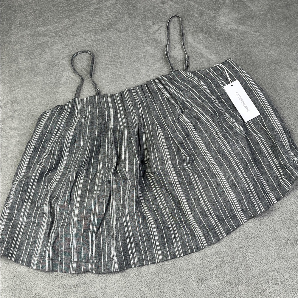 NEW Outerknown S Linen Cotton Blend Gray Striped Sleeveless Babydoll Blouse